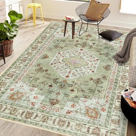 Washable Boho Area Rug 5'×7' Green Brown Large Living Room Rug Non-Slip Indoor Decor Soft Oriental Vintage Bedroom Carpet Dining Room Nursery Home Office