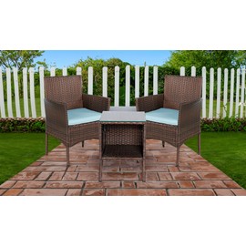BTEXPERT Tempered Gray/Navy Blue Outdoor Wicker Conversation 3 Piece Bistro Set Garden Patio Yard Porch Furniture Space Saving Pe Rattan 2 Chairs Cushions Side Storage Glass Table 3pc