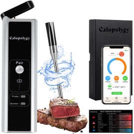 Calopolygy Wireless Meat Thermometer, Bluetooth Meat Thermometer with IPX7 Waterproof Probe, Extended Range, iOS & Android App, Preprogrammed Temperatures for BBQ, Grill, Smoker, Oven & Air Fryer