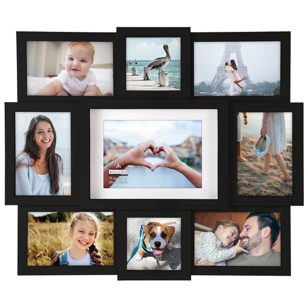 Malden 9-Opening Collage Frame, Made to Display One (1) 5" x 7", Two (2) 4" x 4" and Six (6) 4" x 6" Pictures, Black