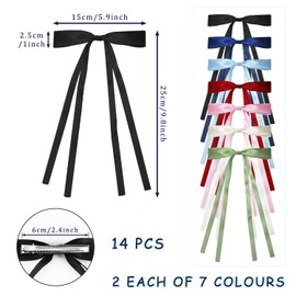 SYEYCW 14 Pcs Hair Bows for Women, Colorful Hair Bows, Bow Hair Clips with Long Tails, Satin Ribbon Hair Clips with Metal, Solid Color Ribbon Bowknot Hairclip, Accessories for Girls Women, 7 Colors