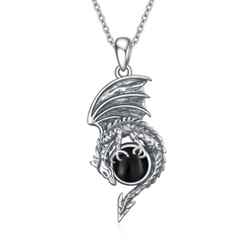 YFN Dragon Black Onyx Necklace Sterling Silver Dragon Pendant Jewellery Gifts for Women Men (black)