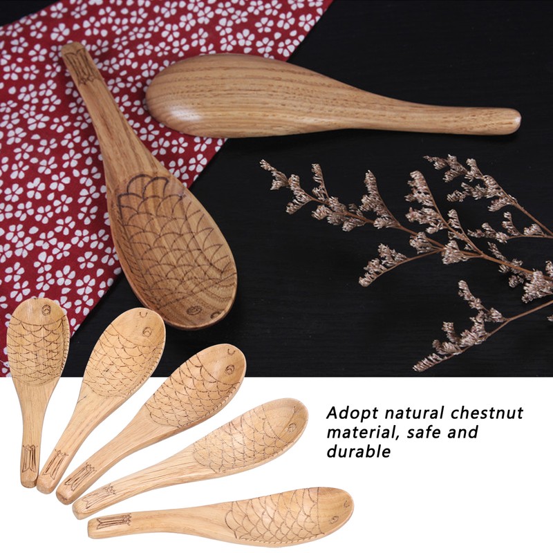 5Pcs Soup Spoon Fish Shaped Carved Wooden Rice Spoon Kitchen