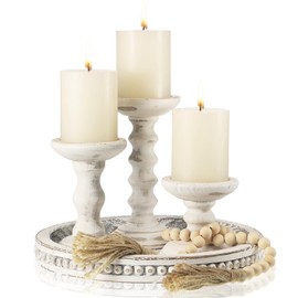 Reallnaive 8 Pcs Farmhouse Wood Candle Holders with Pillar Candles Set Wooden Rustic Candle Holders Round Decorative Serving Tray Bead Garland with Natural Wood Tassels for Table Centerpiece(White)
