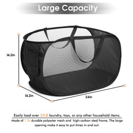 Diggoour Sturdy Collapsible Laundry Baskets- Pop Up Laundry Hampers with Handy Pocket, Foldable Clothes Hamper with Reinforced Carry Handles for Laundry, Bathroom, Kids Room, Dorm or Travel Black