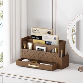 Wisuce Home Bamboo Desktop Organizer with Drawer,Bill & Mail Organizer for Office Desk, Wall Mounted and Countertop Mail Sorter,Workspace Storage Accessories Organizer for File Letter （Brown）