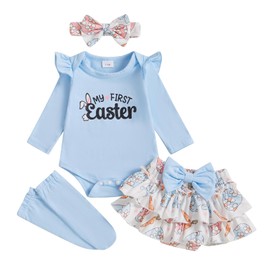 BeQeuewll Newborn Baby Girl Easter Outfit Bunny Clothes Long Sleeve Romper+Bloomers Tutu Skirt+Socks+Headband 4Pcs (First Easter, 0-3 Months)