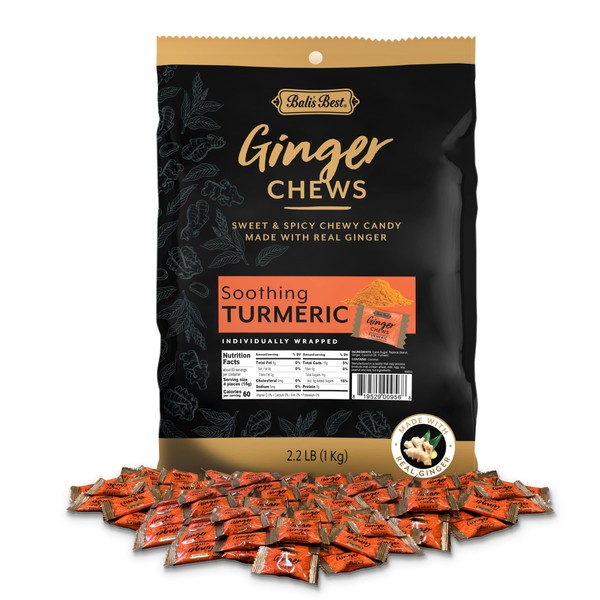 Bali's Best Ginger Chews - Soothing Turmeric Flavor (2.2 LB Bulk Bag) 100% Real Ginger, Sweet Spicy Chewy Ginger Candies, Great snacks for sharing and gift baskets