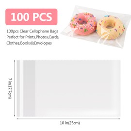 Docvania Clear Resealable Cellophane Bags 7 X 10 Inch Self Sealing Cellophane Bags, 100Pcs Cookie Bag with Seal Packaging Treat Bag for Wrapping Apparel, Shirts, Decorative Wrapping Paper and Party Favors