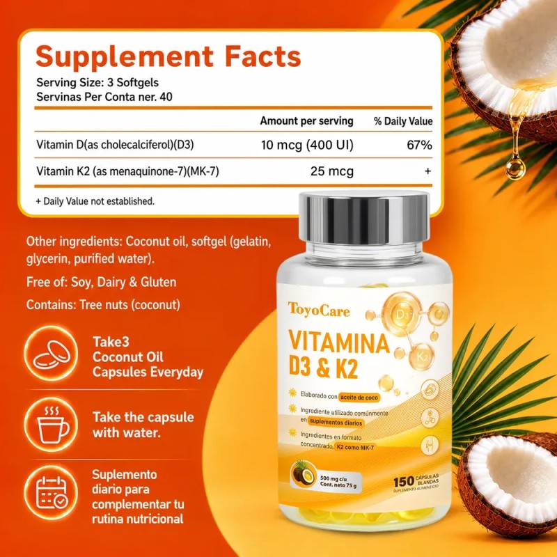 Toyocare Suplemento De Vitamina D3 Y K2 Mk-7, 150 Cápsulas