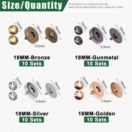 Keadic 40 Sets Snap Clasps Buttons Assortment Set 4 Colors Strong Fastener Closure Sewing Button for Handbag Purses Bags Wallet Clothes Leather Craft DIY (18 MM）