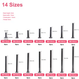 cSeao 114Pcs M6 Black Flat Head Allen Bolt Joint Connecting Bolts Socket Cap Screws Cap Nuts Kit for Furniture Chairs Bed Crib,14 Sizes from 15mm to 80mm