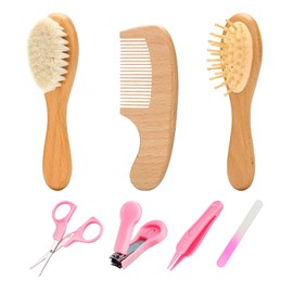 Goat Baby Hair Brush Set, Wooden Comb Massage Scalp Comb, Safe Natural Hair Care Kit, Soft Silicone Bath Brush for Newborns Toddlers (Brush Set+ Massager)