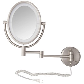 JERDON Two-Sided Wall-Mounted Makeup Mirror with Lights - Lighted Makeup Mirror with 10X Magnification & Wall-Mount Arm - Oval Mirror with Nickel Finish Wall Mount - Model HL9515NL