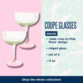 Lilly Pulitzer Unique Ridged Cocktail Glasses, Multicolor Glassware for Serving Drinks, Set of 2, Jade Lime/Pink Muse Ombre