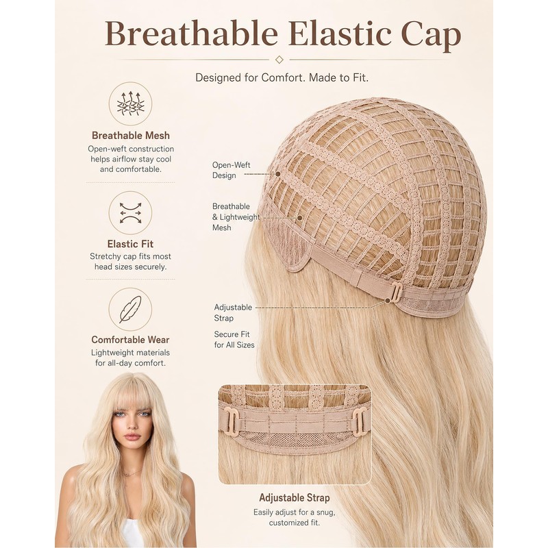 Light Blonde Long Wavy Wig with Bangs for Women Synthetic