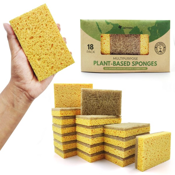 AIRNEX 18 Pack Biodegradable Natural Kitchen Sponge - Compostable Cellulose and Coconut Walnut Scrubber Sponge - Eco Friendly Sponges for Dishes