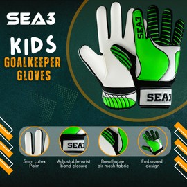 SEA3 Unisex Kids Boys Children's Junior Football Goalkeeper Sports Soccer Training Goalie Gloves, Green - Size 5: Age 9 to 12 Years