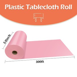 YSYJ Pink Plastic Tablecloth Roll - Disposable 54" x 300 Ft Plastic Table Cover with Slide Cutter for Parties