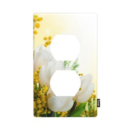 Pznen Tulip Outlet Covers White Yellow Floral Spring Summer Flowers Wall Plate Duplex 1-Gang Standard Plug Cover Home Decorative Office