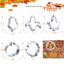 5Pcs Fall Thanksgiving Cookie Cutters, Holiday Shapes of Pumpkin, Maple Leaf, Corn Candy, Turkey,Oak Leaf, Stainless Steel Molds
