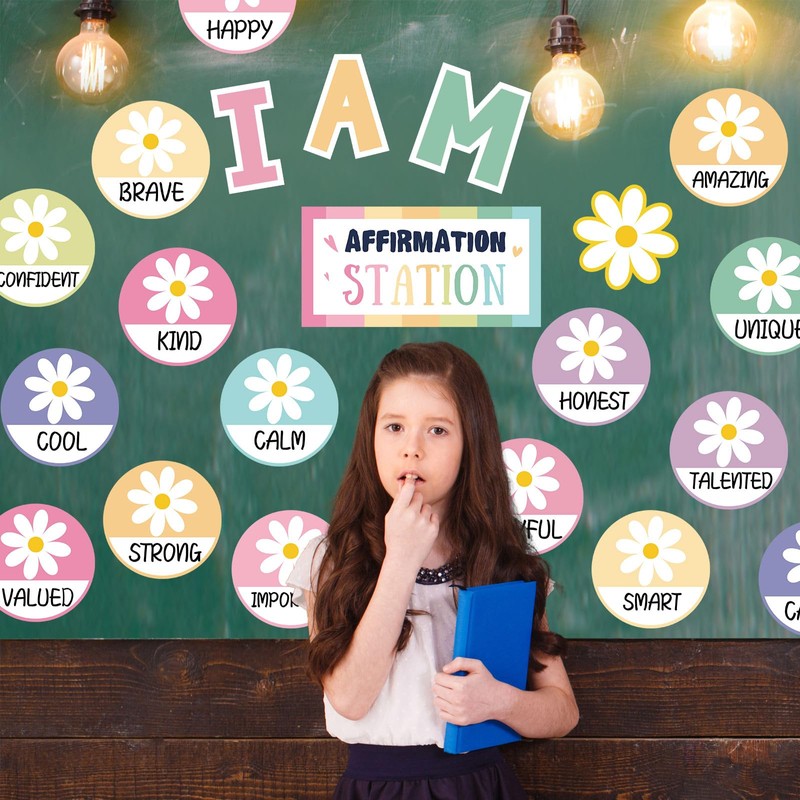 FYSUIMU 25Pcs Spring Pastel Daisy Affirmation Station Bulletin Board Set
