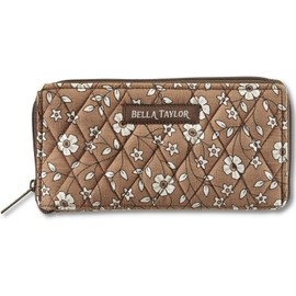 Bella Taylor Slim Card Wallet for Women | Quilted Cotton Fabric Zip Around Credit Card Wallet with RFID Protection | Vintage Vine Brown