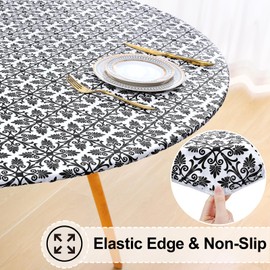 misaya Round Fitted Tablecloth with Elastic Edge, 100% Waterproof Oil Proof Plastic Table Cover, Vinyl Flannel Backed Table Cloth Fits 36"-44" Round Tables for Dinner, Outdoor, Picnic, Black
