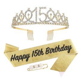 15th Birthday Sash and Tiara for Girls,Gold 15th Birthday Crown Costume Set for 15th Birthday Gifts,Rhinestone Birthday Crown and Shoulder Strap for Her 15th Birthday Decorations Party Accessories