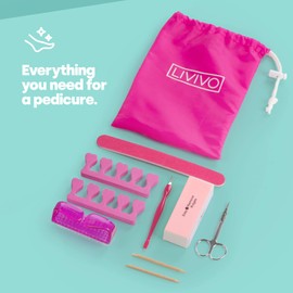LIVIVO 9 Piece Manicure and Pedicure Set for Natural and Acrylic Nails with Emery Board and Buffer Block, Orange Sticks and Metal Cuticle Tool, Scissors and a Nail Brush with Carry and Storage Case