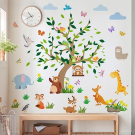 DRWSSR Removable Jungle Animal Green Tree Wall Decals DIY Bear Deer Monkey Fox Kangaroo Owl Sheep Wall Decals Vinyl Butterflies Birds Plants Art for Kids Bedroom Living Room Nursery Rooms Decor