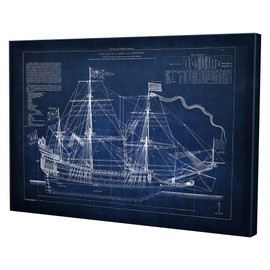 WEXFORD HOME Vintage Sailing Ship Blue Sketch Gallery Wrapped Canvas Wall Art, 24x 32