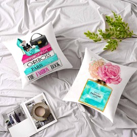 FCOZM 18x18 Teal Throw Pillow Covers Pink Fashion Turquoise Perfume Pink Flower Decorative Square Pillow Covers Soft Velvet Makeup High Heels Cute Aesthetic Pillow Covers for Couch Bed Set of 2 (05)