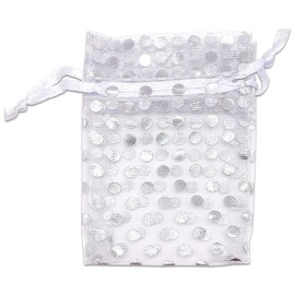 TheDisplayGuys 100-Pack 2" x 2-3/4" Sheer Organza Gift Bags with Drawstring (X-Small) - Polka Dot (White/Silver) - for Wedding Party Favors, Jewelry, Candy, Treats Mesh Pouch