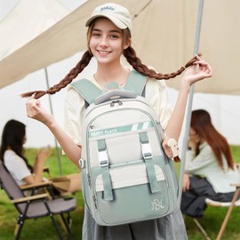 IvyH School Backpack Girls Backpack Teenagers Waterproof School Bag Girls 5th to 9th Grade Fashion Casual Nylon Daypack Large Capacity, Green, Minimalistic