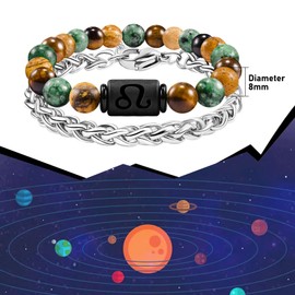 FANCIBAND Graduation Gifts For Him 2025 Leo Zodiac Signs Spirit Bracelet For Men 2PCS Nature Stone Beaded Stainless Steel Bracelets Boyfriend Brother Son Husband Birthday Gift ideas
