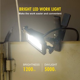 ZONE INDUSTRY CORP. 1200 Lumens Portable LED Clamp Work Light with 5ft 120V AC/60Hz Power Plug, Lightweight Design, Suitable for wet location, 10 Watts, 5000K Daylight, ETL Certified