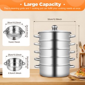 Steamer for Cooking 5 Tier Stainless Steel Food Steamer Multifunctional Steamer Pot Stackable Baskets Tamale Steamer Cookware Suitable Steamer Cookware Pot (26cm)