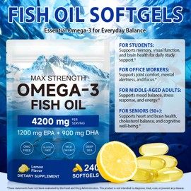 Omega 3 Fish Oil 4200mg, Triple Strength 1200mg EPA & 900mg DHA, Wild Caught Norwegian Fish, Enteric Coated, No Fishy Burps, Lemon Flavor, Supports Heart, Brain & Joint Health, 240 Softgels, 2 Pack