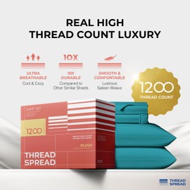 THREAD SPREAD 100% Egyptian Cotton Sheets California King Size - 1200 Thread Count 4 PC Cal King Sheets Egyptian Cotton, Soft, Cooling Sateen Sheets, High Thread Count Sheets California King - Teal