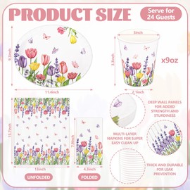 FYSUIMU Tulip Floral Plates and Napkins Party Tableware Set Spring Flower Party Supplies Oval Paper Plates Cups Guest Napkin Serves 24 Guests for Spring Baby Bridal Shower Birthday Tea Party Favors