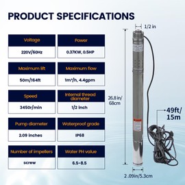 Doppy Deep Well Submersible Pump, 0.5HP/220V/60Hz,164 Ft Head/4.4gpm,with 49 ft Electric Cord Stainless Steel Water Pump,1/2" Outlet Water Pump, for Irrigation,Farms,Industrial,Home