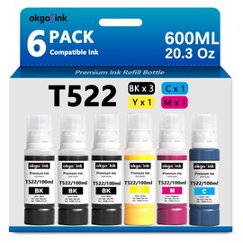 Replacement for Compatible 522 T522 ET-2800 ET-4800 ET-2400 ET-2803 Ink Refill Bottles (20.3 Fl Oz) for Eco Tank ET-2720 ET-2840 ET-4700 ET4800 ET-4810 Printer (6 Pack, 600ml) Black Color