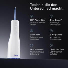 NURI Electric Oral Irrigator, Accessories 5 Different Nozzles, 300 ml Water Tank