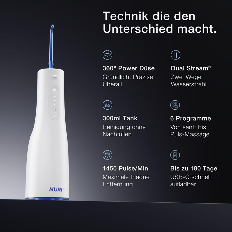 NURI Electric Oral Irrigator, Accessories 5 Different Nozzles, 300 ml