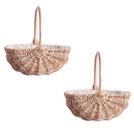 DULRLLY 2 Pcs Handwoven Flower Basket with Handle, Willow Storage Basket Empty Wicker Picnic Basket with Plastic Insert, Easter Basket Wedding Flower Girl Baskets for Home Party Decor (S)