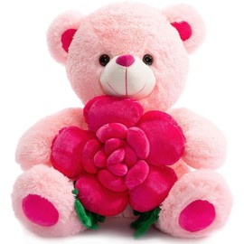 Teddy Bear Stuffed Animals Plush Bear Holding Rose Soft Plush  Valentine's Day, 16 Inch, White - Color: Pink