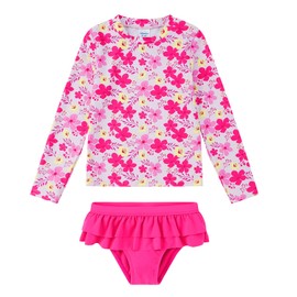 upandfast Girl's Long Sleeve Rashguard UPF 50+ Two Piece Swim Set(7 Years, Yellow Flower)
