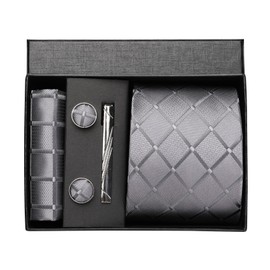 CWKOON Grey Plaid Mens Tie Formal Necktie Pocket Squares Ties Clips Cufflinks Classic for Men Set