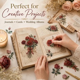 Retro Red Rose Stickers (50Pcs) - Transparent Floral Gold Foil Scrapbook Supplies for Vintage Journaling, Card Making, Wedding Albums & Craft Projects, Elegant Decorative Embellishments for Adults